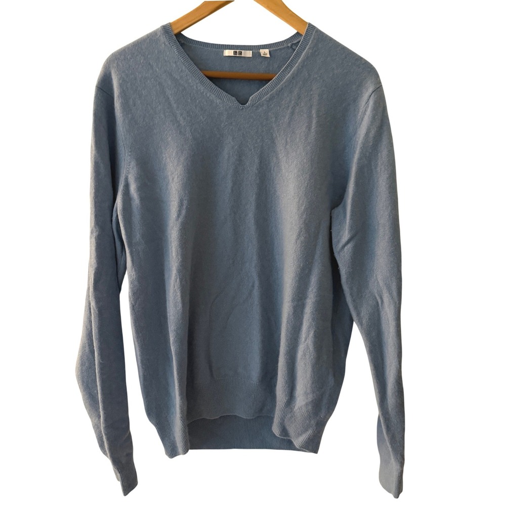 Uniqlo V-Neck Sweater Mens Large Blue Excellent 100% Cashmere Long Sleeve Knit